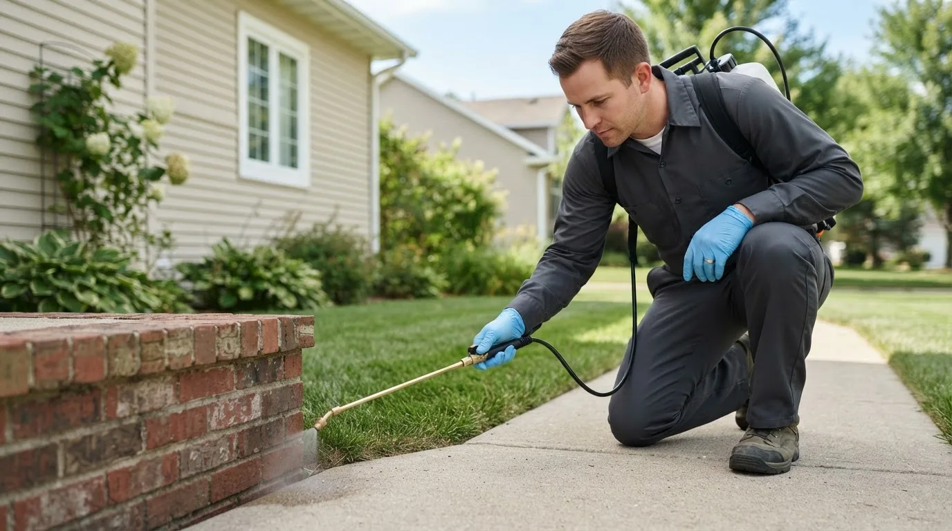 Pest control technician treating a home near East Meredith, NY