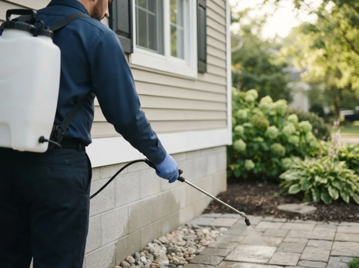 Pest control technician inspecting a home in East Meredith, NY
